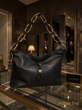 Authentic Gucci Vintage Black Leather Shoulder Bag with Gold Chain-Link-Rare